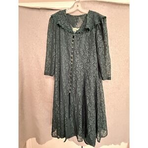 Sarah Richards Plus Dress Womens 16 Green Lace Button Front Slip Midi Formal